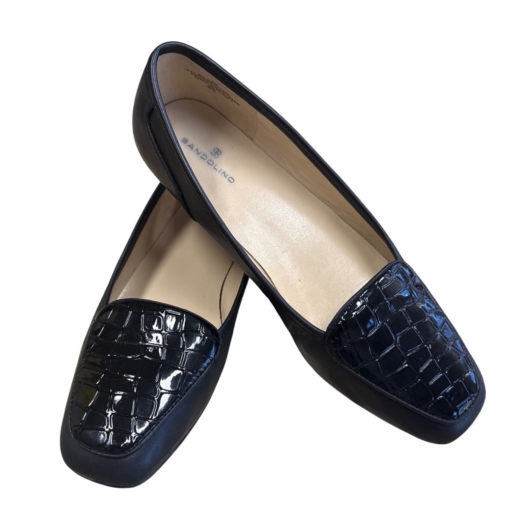 Bandolino Liberty Black Leather Croc Embossed Square Toe Loafers Flats 8N